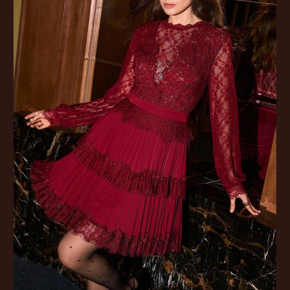 Burgundy Lace Long Sleeve Tiered Pleated Ruffle Mini Dress